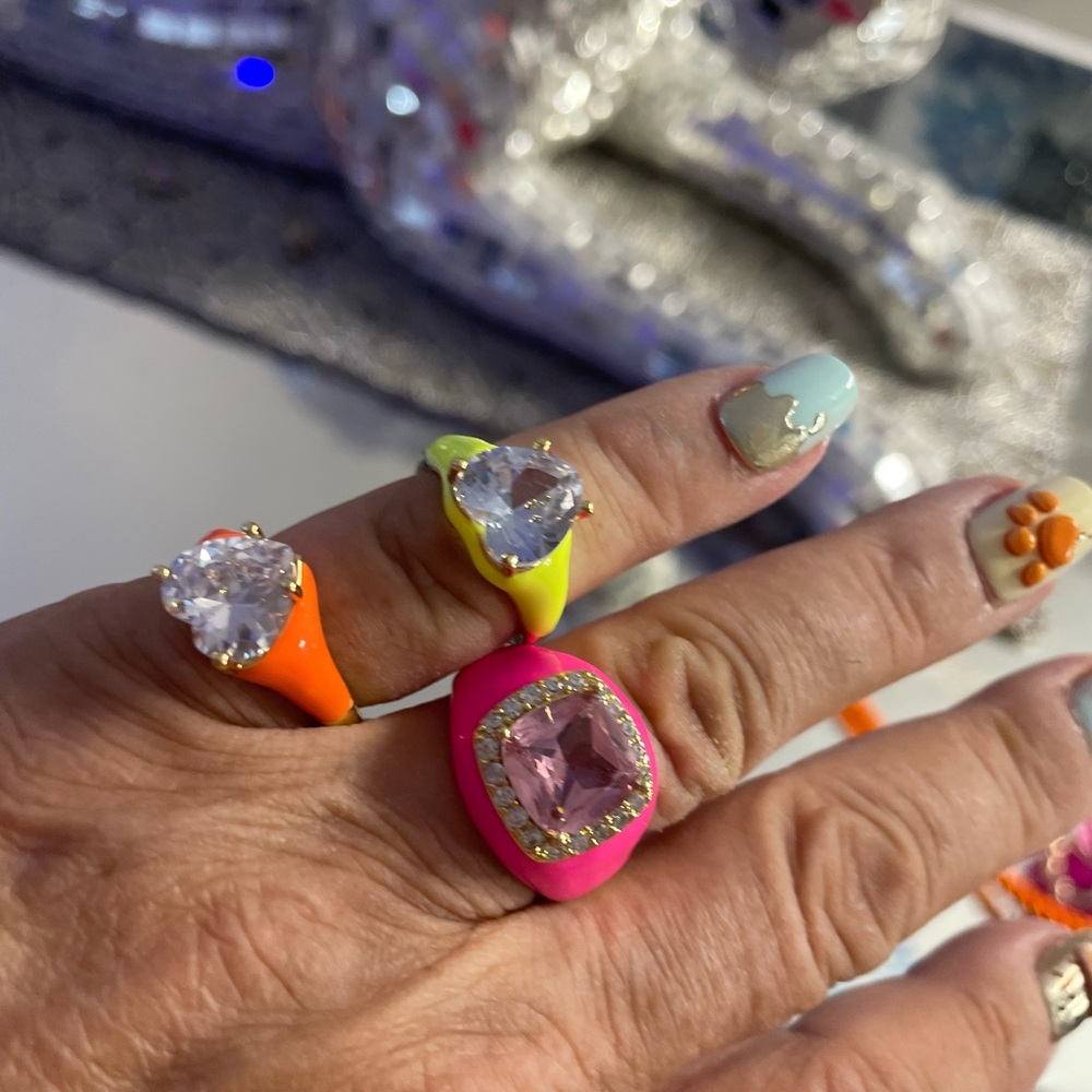 Source Unknown Neon Pink, Orange & Yellow Statement Rings Set